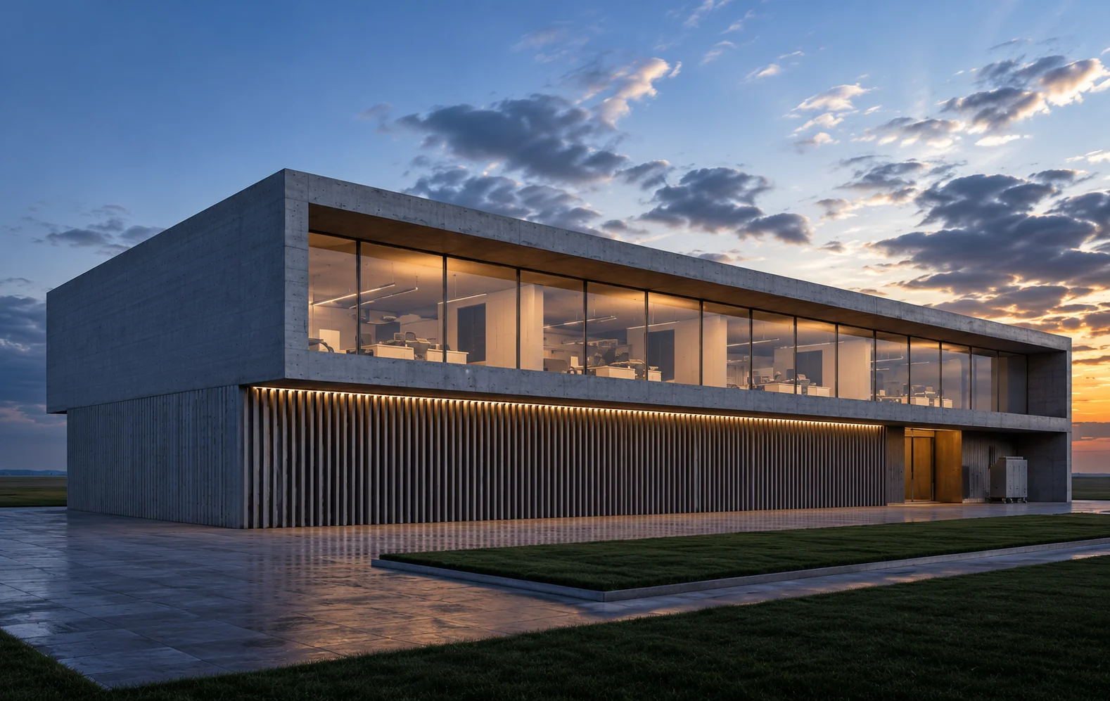 Long modern louvered villa at twilight by HN Architects