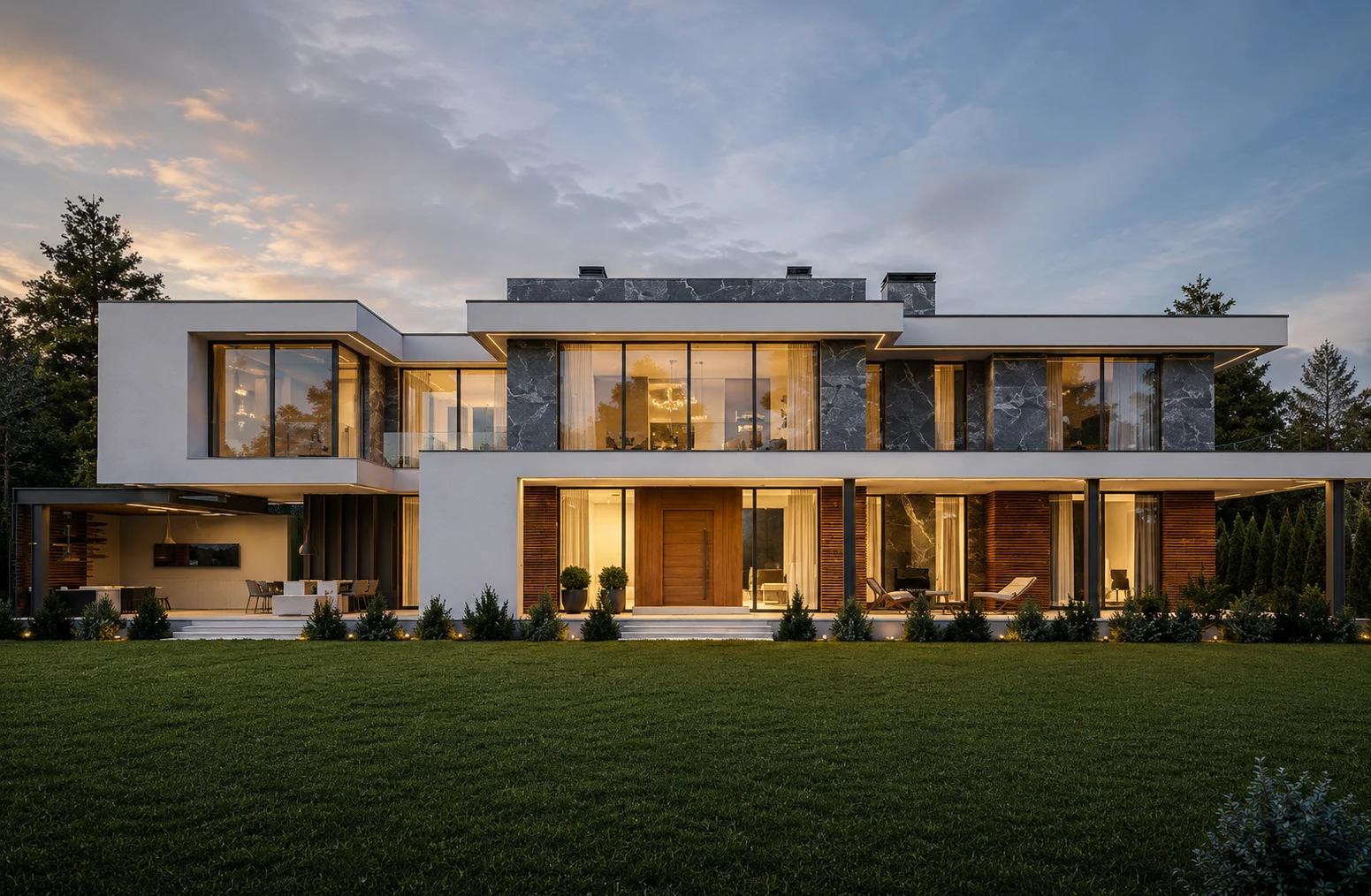 Grand estate residence at dusk by HN Architects